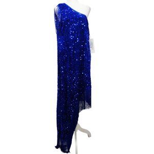Colorura Womens Asymmetrical Blue Sequin Fringe Dress Size 2XL